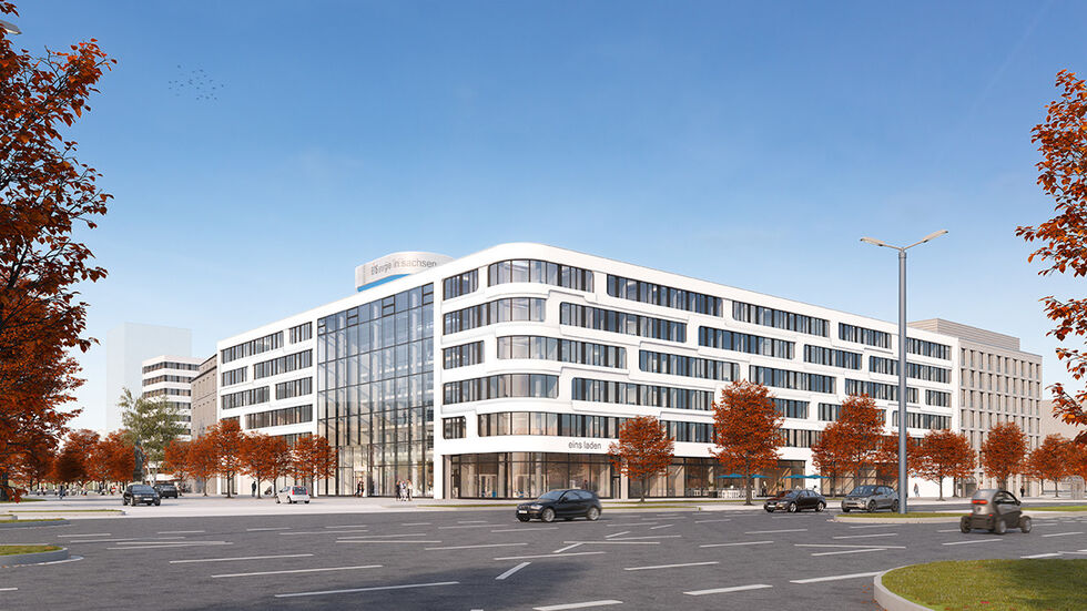 Das künftige Hotel ist hier rechts als Anbau am "eins"- Firmensitz erkennbar. (Grafik: FAY Projects GmbH) Das künftige Hotel ist hier rechts als Anbau am "eins"- Firmensitz erkennbar. (Grafik: FAY Projects GmbH)