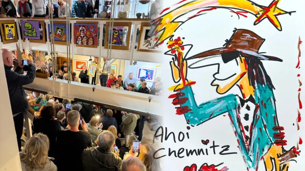 Rund 200 Menschen drängten sich in der Chemnitzer Galerie Schmidt-Rottluff. Zur Vernissage der neuen Udo-Lindenberg-Ausstellung wurde das Chemnitz-Gemälde des Künstlers versteigert.