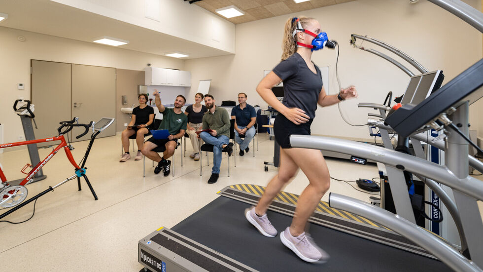 In diesem Lehr-Lern-Labor können Studierende in Kleingruppen beispielsweise in Echtzeit physiologische Belastungsreaktionen der Muskulatur, des Energiestoffwechsels und Herz-Kreislaufsystems diskutieren. 