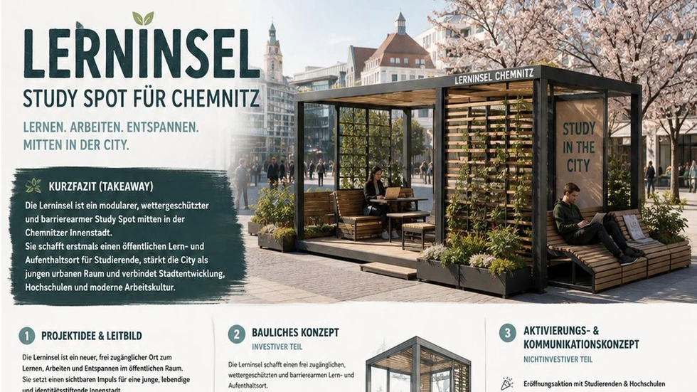Chemnitz beteiligt sich mit zwei Projekten am diesjährigen Wettbewerb „Ab in die Mitte“ in Sachsen. In der Innenstadt ist eine begrünte Lerninsel für Studenten geplant – mit WLAN und modernen Sitzgelegenheiten.