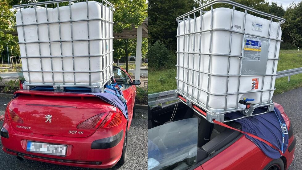 Dieses Cabrio mit festgezurrtem Wassertank stoppte Polizisten auf der A4. 