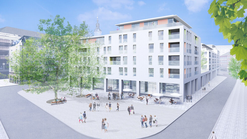 Grafik mit dem Entwurf des geplanten Wohn- und Geschäftskomplexes auf dem Getreidemarkt